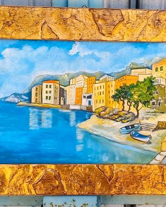 Quadro con Amalfi dipinto a mano su tela firmato.