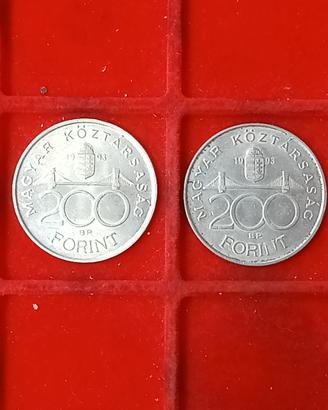Ungheria 2 monete Argento 200 Forint 1993.
