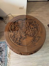 Tavolino rotondo cinese intagliato, vetro sgabelli