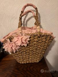 Borsa mare in paglia rosa con fiori