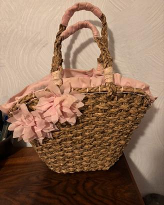 Borsa mare in paglia rosa con fiori