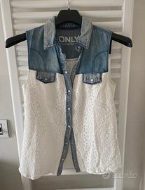 Camicia senza maniche in denim e pizzo bianco