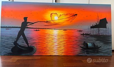 Dipinto su tela pescatore Cambogia Vietnam