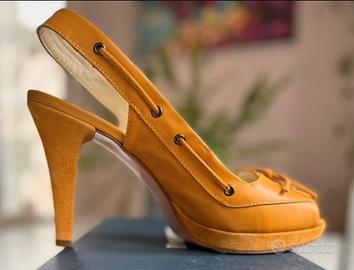 Sandali con tacco, 39, vera pelle, giallo ocra