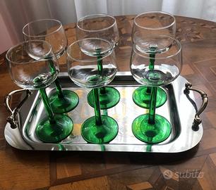 6 calici vintage vetro trasparente e stelo verde