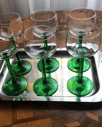 6 calici vintage vetro trasparente e stelo verde