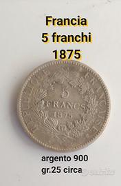 ARGENTO MONETA 5 FRANCS 1875