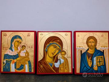 Set 3 icone ortodosse fatte a mano con foglia doro