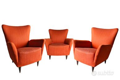 Set di 3 poltrone anni '50/'60 in tessuto
