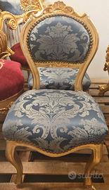 Sedia barocca in foglia oro, tessuto damascato blu