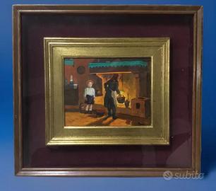 Quadro antico olio “Nonna e polenta “