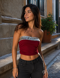 Top a fascia bordeaux con paillettes argento