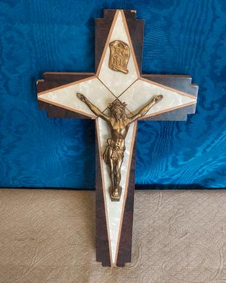 antico crocifisso anni 30 40 legno madreperla e br