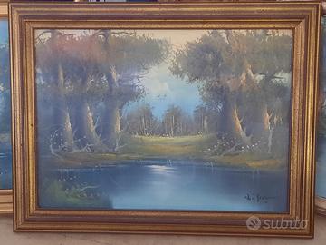 Quadro paesaggio con cornice in legno dorata