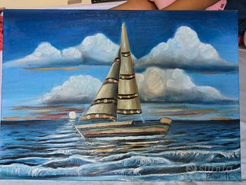 Dipinto ad olio su tela - Barca a vela al tramonto