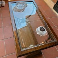 Tavolino legno antico  base vetro