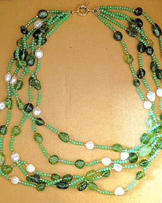 Collana Giada verde, mini cristalli e perle