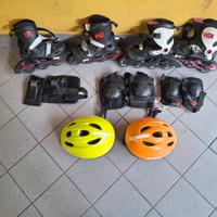 Set completo pattini in linea, protezioni e caschi
