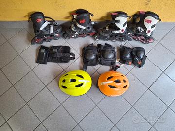 Set completo pattini in linea, protezioni e caschi