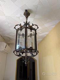 Lampadario lanterna vintage bronzo vetri incisi