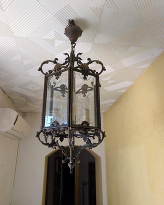 Lampadario lanterna vintage bronzo vetri incisi