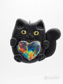 Scultura gatto nero artigianale in Fimo e resina"