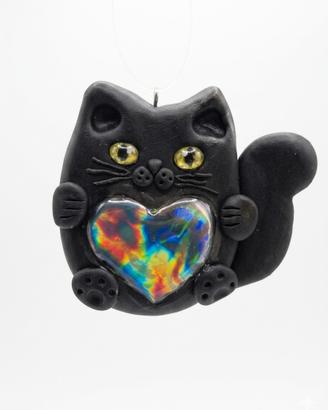 Scultura gatto nero artigianale in Fimo e resina"