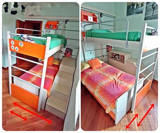 Letto a castello scorrevole con scala contenitore