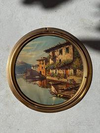 Quadro Tondo Vintage Lago Barche Cornice Ottone