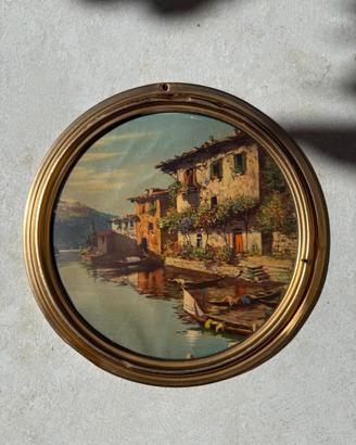 Quadro Tondo Vintage Lago Barche Cornice Ottone