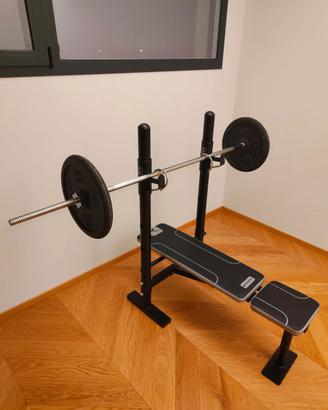 Panca Domyos BM120, bilanciere, pesi