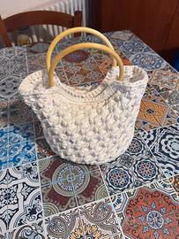 Borsa Uncinetto Panna Fatta a Mano con Bambù