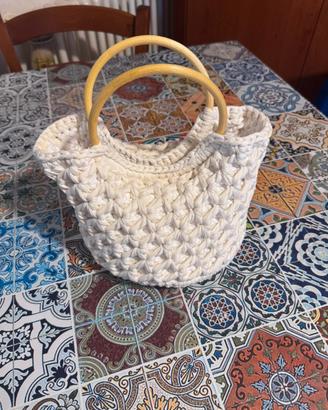 Borsa Uncinetto Panna Fatta a Mano con Bambù