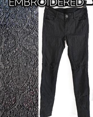 Skinny Jeans Leggeri Vita Bassa Ricamati Nero