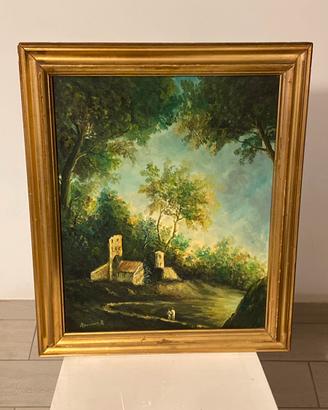 Dipinto Olio su Tavola R. Romano paesaggio boschiv