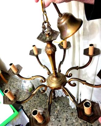 LAMPADARIO Arte Povera 8luci OTTONE RAMATO Vintage