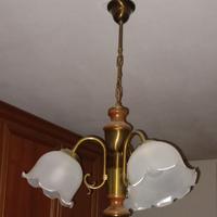 Lampadario 3 luci oro e legno