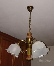 Lampadario 3 luci oro e legno