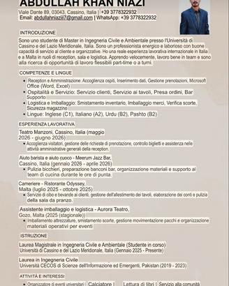 Cameriere,receptionist,aiuto barista,aiuto bnb/dom