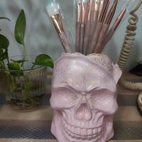 Teschio porta pennelli makeup Rosa e 10 pennelli 