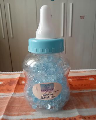 Salvadanaio biberon e 150 ciucci azzurro