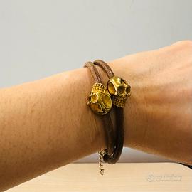Bracciale vintage vera pelle + teschi in ottone 💀