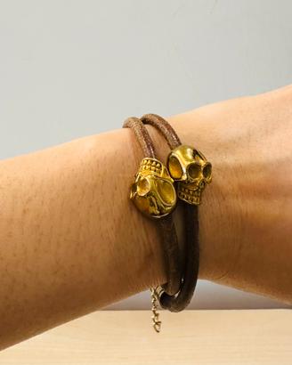Bracciale vintage vera pelle + teschi in ottone 💀