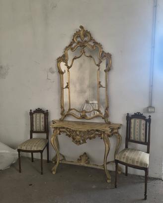 Trittico antico: console con specchiera e 2 sedie