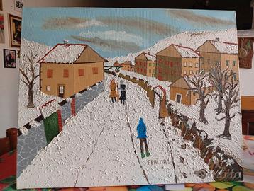 Quadro naif, paesaggio innevato, olio su tela.