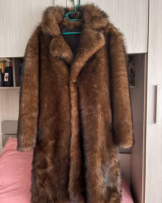 Cappotto lungo in ecopelliccia marrone vintage XL