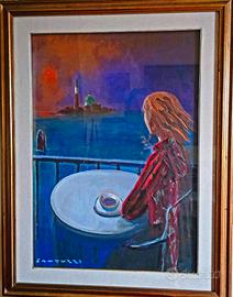 QUADRO ELIANO FANTUZZI  "DONNA AL BAR SULLA LAGUNA