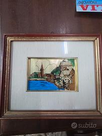 Quadro Vintage con Paesaggio su Foglia d'Oro 