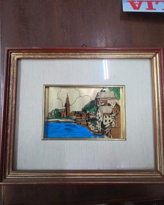 Quadro Vintage con Paesaggio su Foglia d'Oro 