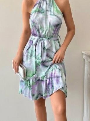 Abito elegante in raso effetto marmo bianco verde